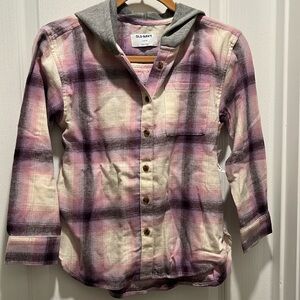 Old Navy girls purple plaid button down with hood